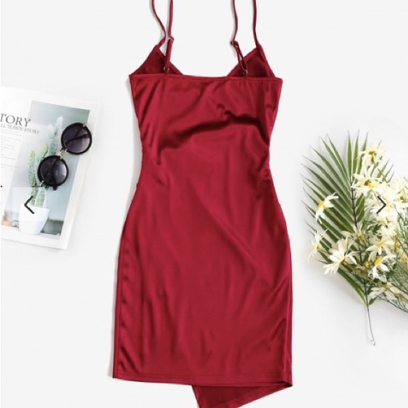 ZAFUL Draped Shiny Surplice Dress Red Wine - Picture 2 of 5